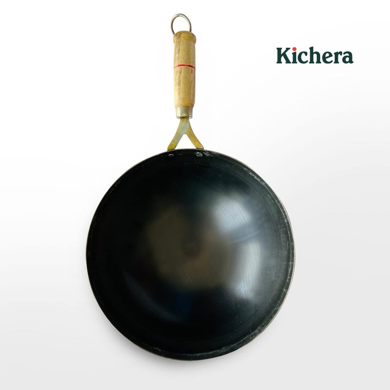 Kichera 11 Inch PreSeasoned Iron Wok with Wooden Handle Chinese Kadhai for Cooking Deep Frying Pure Iron Kadai Wok Fry Pan 29cm 31Ltr 12Kg Gas Compatible Round Base - Image 5