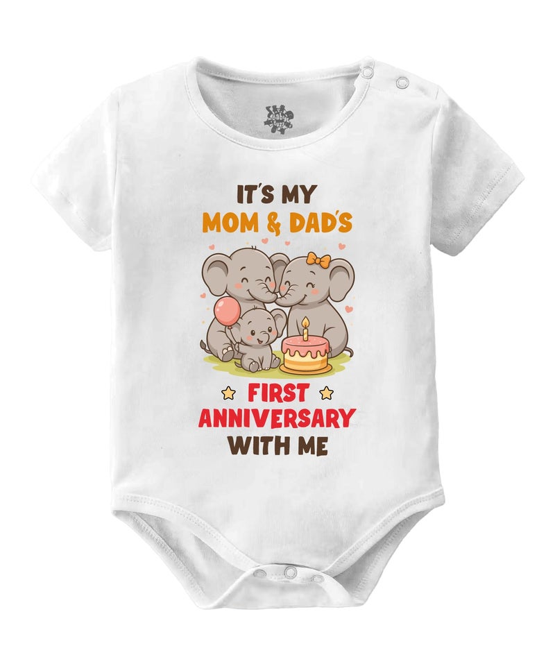 Baby Buzz First Anniversary Theme Dress It's My Mom & Dad's first Anniversary With Me Newborn Baby Clothes for Boy Girl 100% Cotton Bodysuit 6-12 Months - Image 1