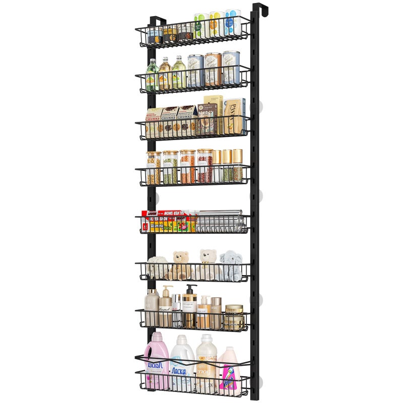 MIAOLI Over the Door Pantry Organizer 8Tier Adjustable Spice Rack Cabinet Door Shelves Hanging Seasoning Organizer for Kitchen Bathroom Laundry Room Organization Black