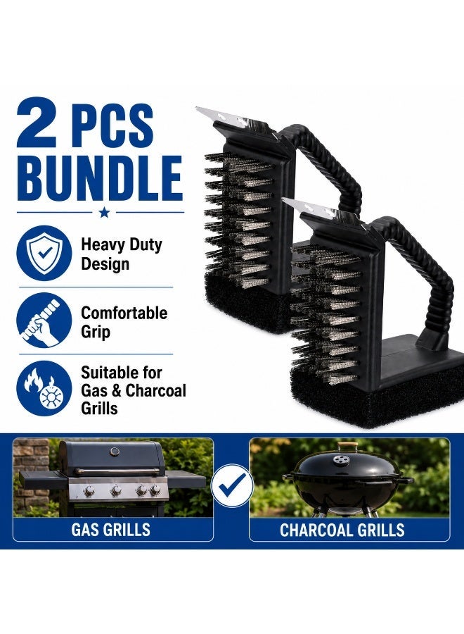 (2PCS) 3-in-1 BBQ Grill Cleaning Brush Bundle with Scraper, Steel Bristles & Sponge, Heavy Duty Grill Cleaner for Gas, Charcoal & Barbecue Grates - Image 2