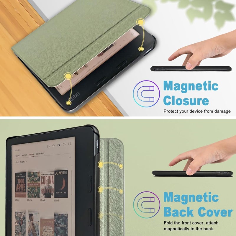 غلاف Caweet لجهاز Kobo Libra Colour (الطراز N428، إصدار 2024)، غلاف خارجي من الجلد الصناعي فائق الخفة مع خاصية التشغيل/الإيقاف التلقائي، أخضر - Image 5