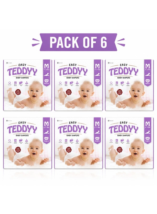 TEDDYY Easy Baby M Size Diaper Tape Style |42 Count (Medium) | 6-11 kgs (Pack of 6) | Quick Absorbency | Extra Super Soft | Anti - Bacterial | Wetness Indicator with Adjustable Grip Tapes