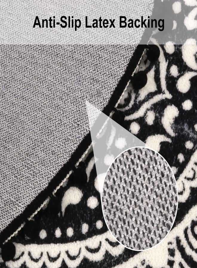 Uphome Boho Round Rug for Living Room 4' Circular Black Mandala Area Rug with Pom Poms Fringe Washable Cute Bohemian Accent Throw Rugs Non-Slip Soft Floor Mat for Bedroom Sofa Kids Room Nursery - Image 2