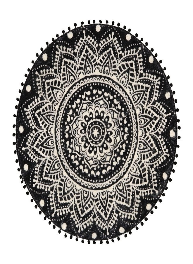 Uphome Boho Round Rug for Living Room 4' Circular Black Mandala Area Rug with Pom Poms Fringe Washable Cute Bohemian Accent Throw Rugs Non-Slip Soft Floor Mat for Bedroom Sofa Kids Room Nursery - Image 4