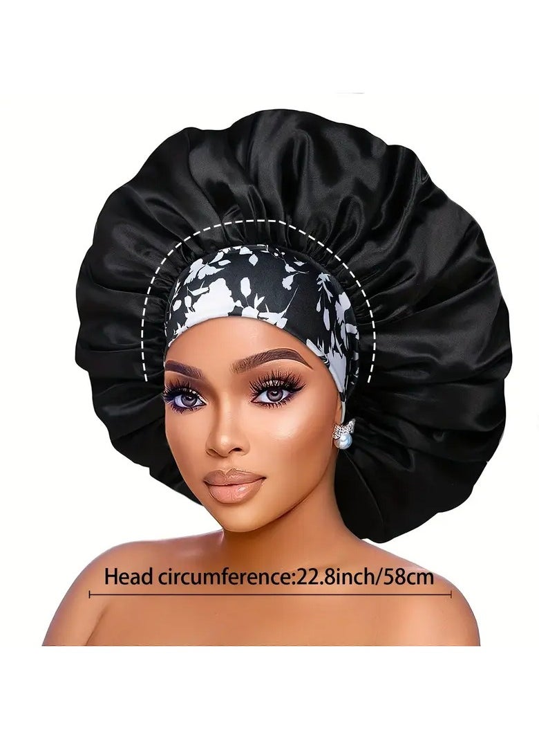 Goolsky 1pc Extra Large Satin Bonnets For Sleeping, Hair Bonnets For Women Braids Curly Straight Hair, Hair Cap With Floral Pattern Wide Elastic Band  - Image 4