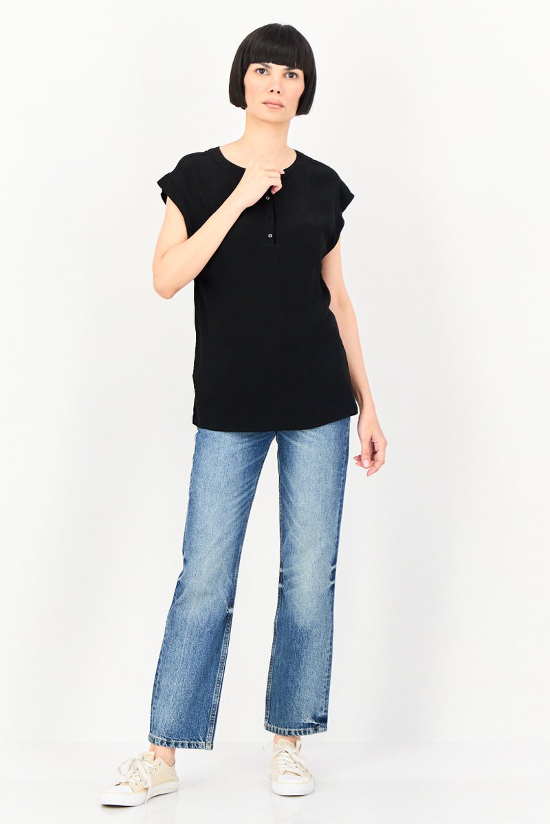 promod Women Round Neck Cap Sleeve Plain Tops, Black - Image 3