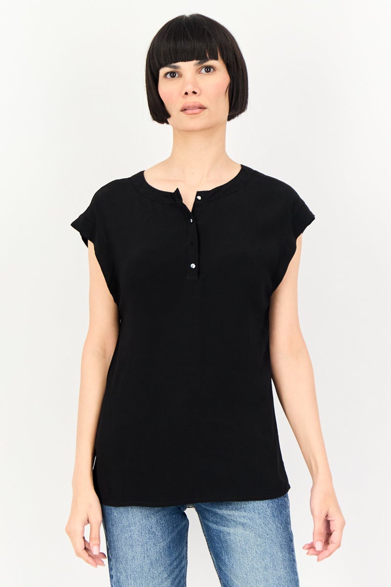 promod Women Round Neck Cap Sleeve Plain Tops, Black - Image 1