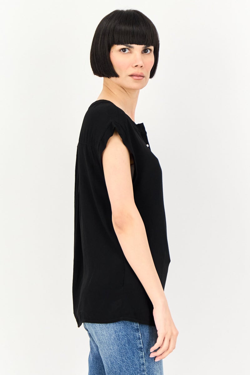promod Women Round Neck Cap Sleeve Plain Tops, Black - Image 2