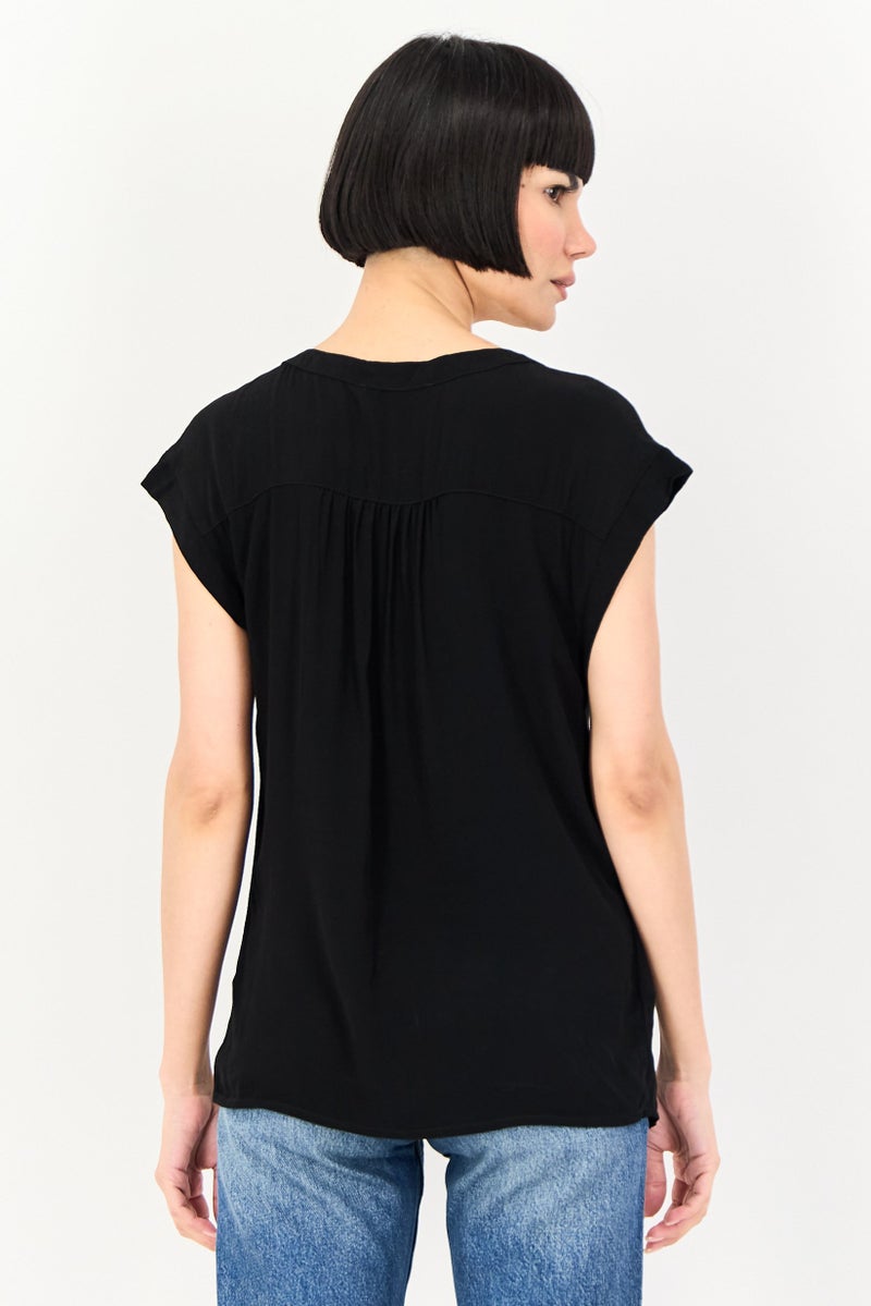 promod Women Round Neck Cap Sleeve Plain Tops, Black - Image 4