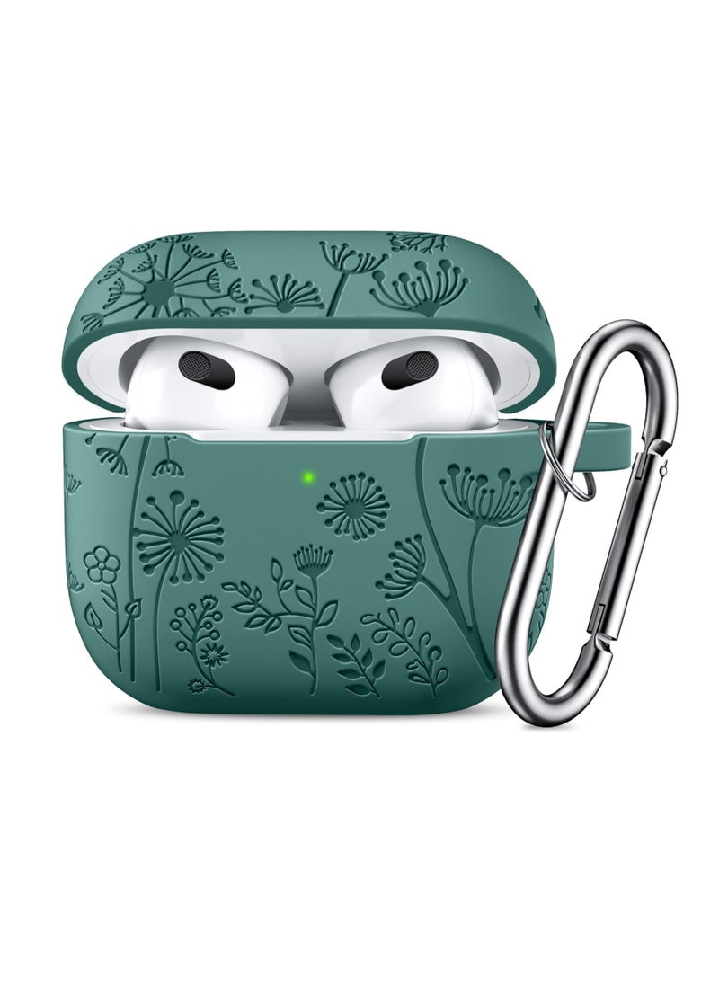 Aookay - For Apple Airpod 4/Airpods 4th Generation/Airpod 4th Gen Case Cover with Keychain Accessories, Flower Engraved Case Silicone Skin Cover Shock Resistant, Full Protection,Front LED Visible (Pine Green) - Image 1
