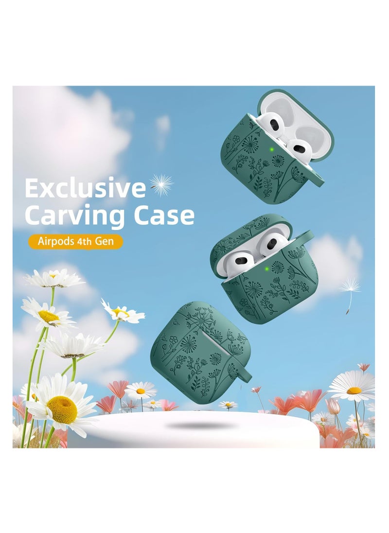 Aookay - For Apple Airpod 4/Airpods 4th Generation/Airpod 4th Gen Case Cover with Keychain Accessories, Flower Engraved Case Silicone Skin Cover Shock Resistant, Full Protection,Front LED Visible (Pine Green) - Image 1