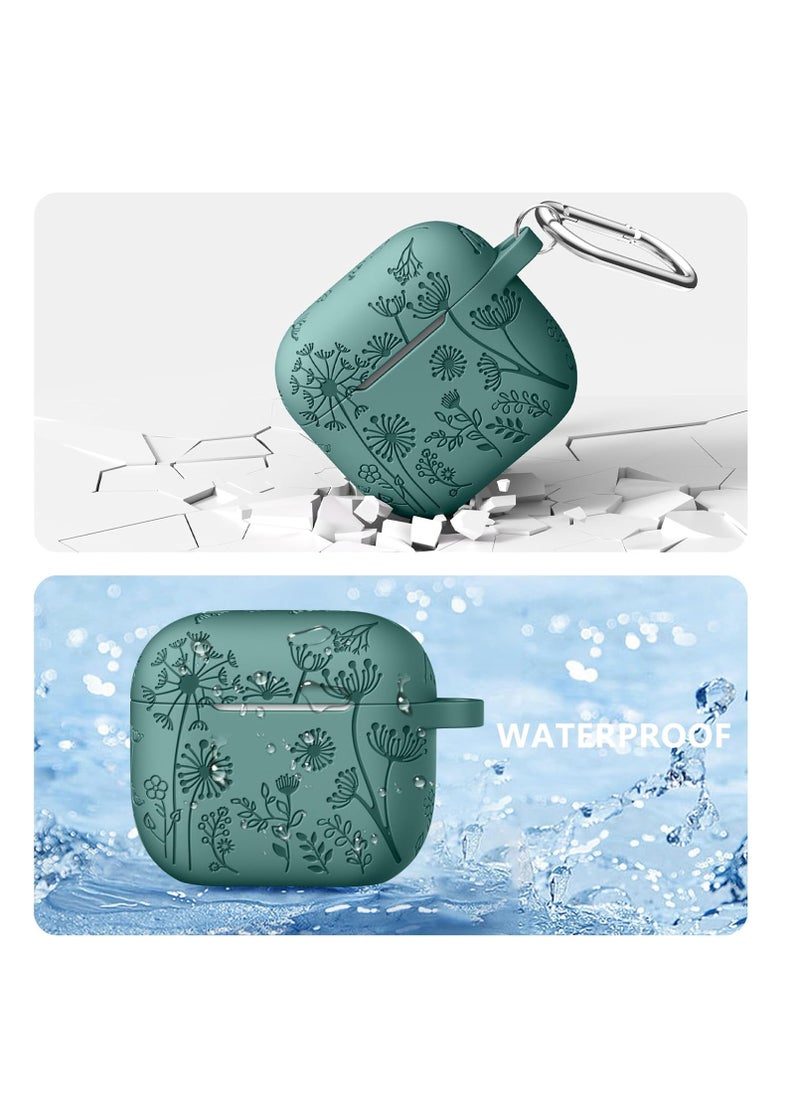 Aookay - For Apple Airpod 4/Airpods 4th Generation/Airpod 4th Gen Case Cover with Keychain Accessories, Flower Engraved Case Silicone Skin Cover Shock Resistant, Full Protection,Front LED Visible (Pine Green) - Image 1