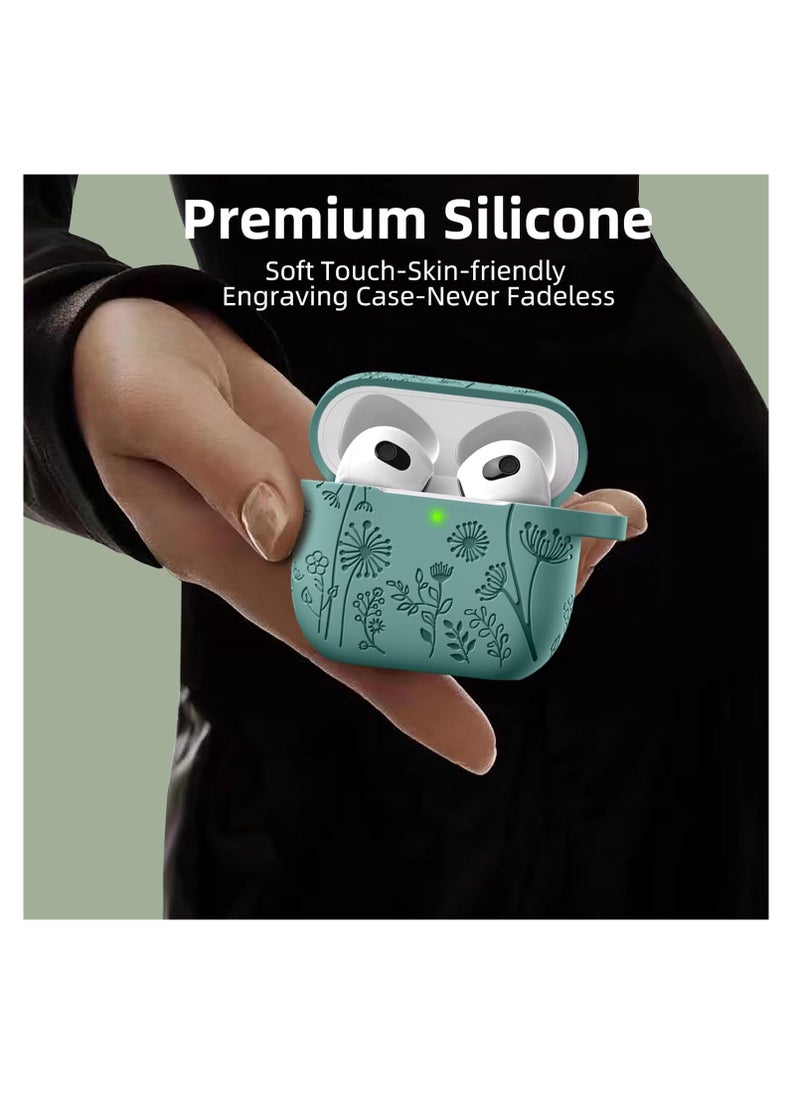 Aookay - For Apple Airpod 4/Airpods 4th Generation/Airpod 4th Gen Case Cover with Keychain Accessories, Flower Engraved Case Silicone Skin Cover Shock Resistant, Full Protection,Front LED Visible (Pine Green) - Image 1