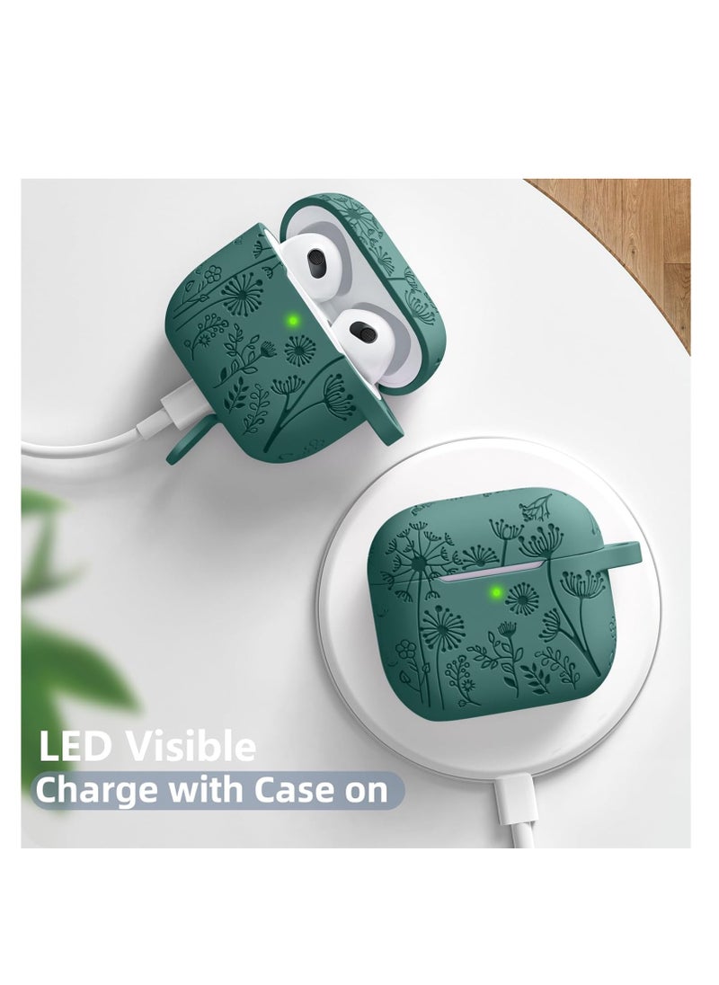 Aookay - For Apple Airpod 4/Airpods 4th Generation/Airpod 4th Gen Case Cover with Keychain Accessories, Flower Engraved Case Silicone Skin Cover Shock Resistant, Full Protection,Front LED Visible (Pine Green) - Image 1