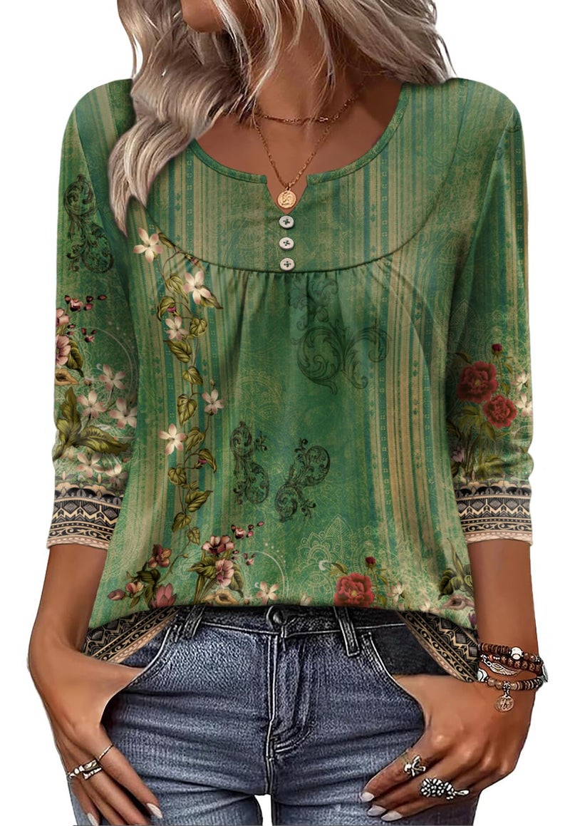 Zeagoo Womens Tops Blouses 2025 V Neck Shirt Casual 3/4 Sleeve Tee Tops Fall Summer Women's Business Clothing Beach Vacation Clothes Green-Yellow XL - Image 1