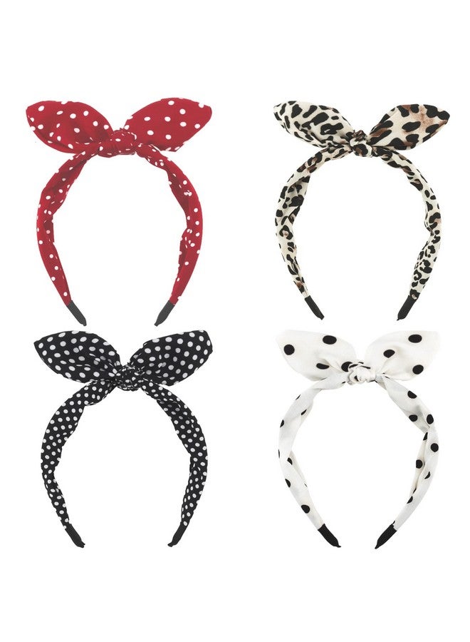 Wecoe Hairband, 4 Pack Bow Headbands For Women Girls, Cute Knotted Headband With Bow, Red, White, Black, Comfortable Cloth Leopard Polka Dot Hair Bands, Valentine'S Day Hair Accessories, Gift - Image 1