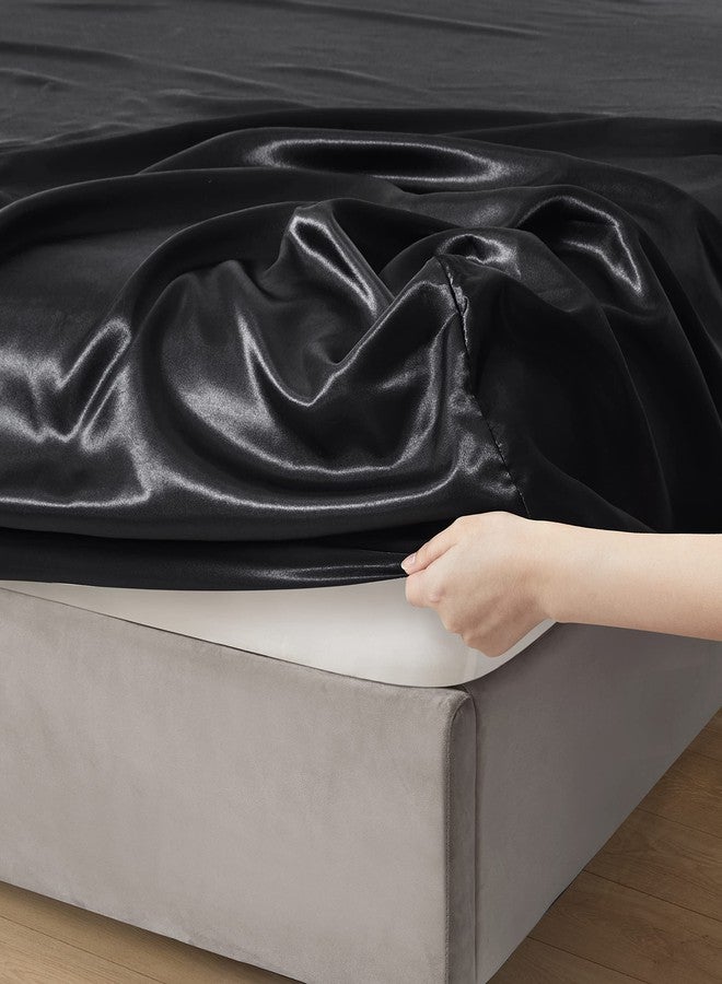 Counfeisly 2 Pieces Satin Twin XL Fitted Sheet & Pillowcase Set, Luxury Silky Soft Satin Bed Sheets with 1 Deep Pocket Fitted Sheet - 16" Deep Pocket Sheets, 1 Pillowcase, Black - Image 2