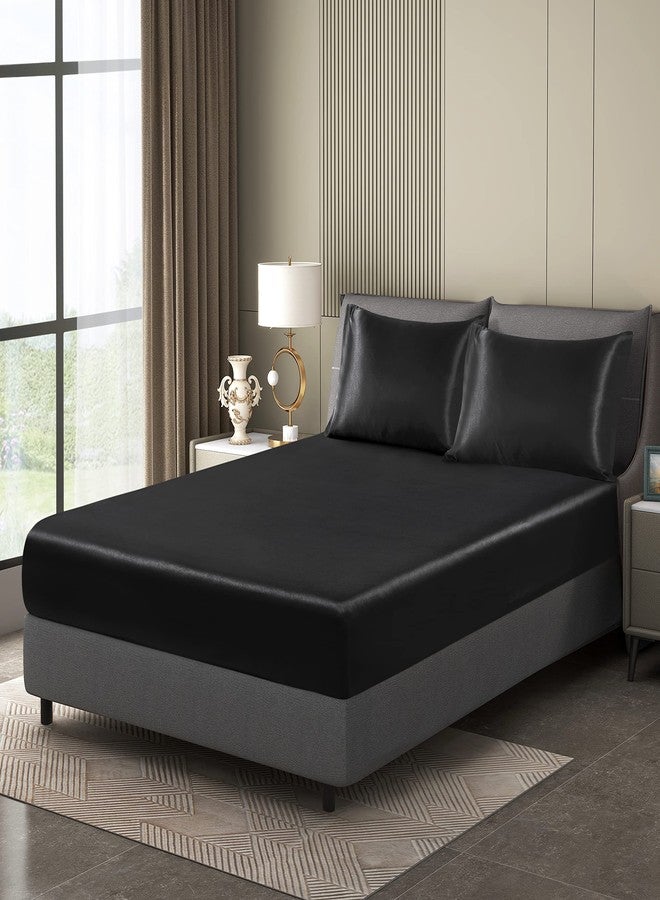 Counfeisly 2 Pieces Satin Twin XL Fitted Sheet & Pillowcase Set, Luxury Silky Soft Satin Bed Sheets with 1 Deep Pocket Fitted Sheet - 16" Deep Pocket Sheets, 1 Pillowcase, Black - Image 4
