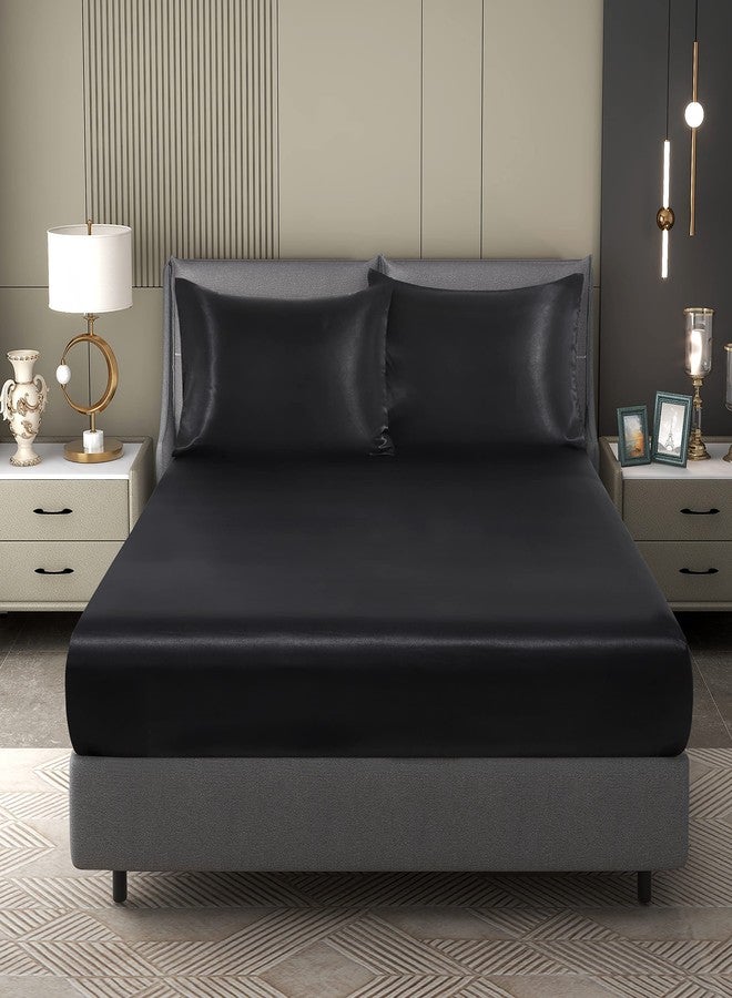 Counfeisly 2 Pieces Satin Twin XL Fitted Sheet & Pillowcase Set, Luxury Silky Soft Satin Bed Sheets with 1 Deep Pocket Fitted Sheet - 16" Deep Pocket Sheets, 1 Pillowcase, Black - Image 1