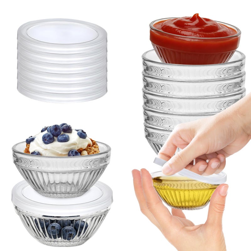 FUYITE 6 Pack Mini 3 Inch Small Glass Bowls with 6 Pack Lids, 2.5 oz Clear Glass Pinch Bowls, Condiment Containers, for Dips, Nuts, Candy, Snacks, Meal Prep Bowls - Image 1