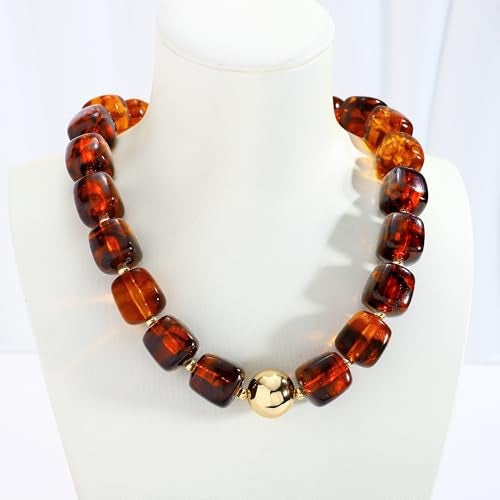 WOWORAMA Brown Chunky Necklaces for Women Vintage Large Square Resin Beads Necklace Trendy Statement Chunky Choker Necklaces Vintage Y2k Boho Jewelry - Image 4