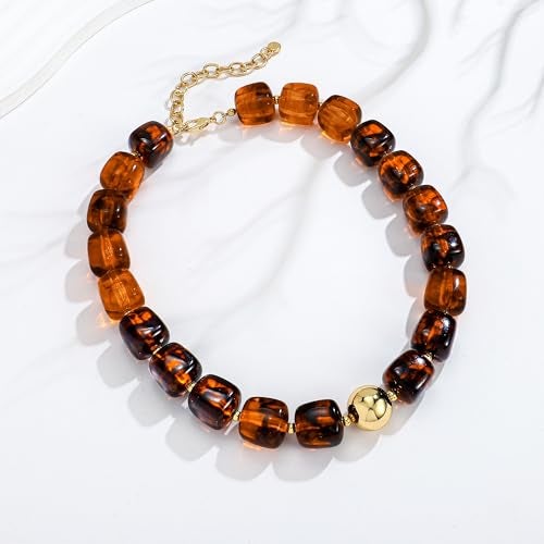 WOWORAMA Brown Chunky Necklaces for Women Vintage Large Square Resin Beads Necklace Trendy Statement Chunky Choker Necklaces Vintage Y2k Boho Jewelry - Image 5