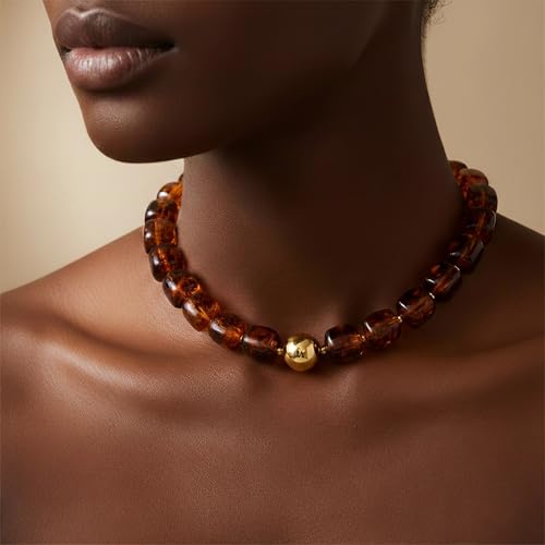 WOWORAMA Brown Chunky Necklaces for Women Vintage Large Square Resin Beads Necklace Trendy Statement Chunky Choker Necklaces Vintage Y2k Boho Jewelry - Image 3