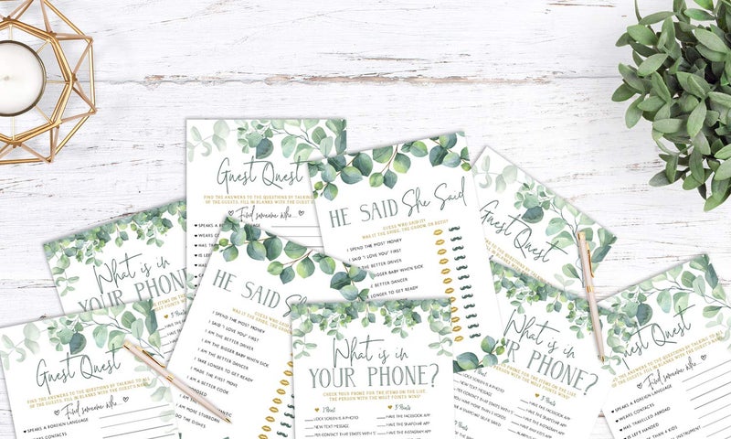 Your Main Event Prints Eucalyptus Bridal Games â€“ Set of 6 Fun Games, 25 Double-Sided Cards Each, Includes He Said She Said, Guest Quest, What's in Your Phone, Over or Under, Bridal Shower Love Match, and Would She Rather? - Image 2