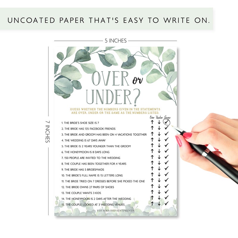 Your Main Event Prints Eucalyptus Bridal Games â€“ Set of 6 Fun Games, 25 Double-Sided Cards Each, Includes He Said She Said, Guest Quest, What's in Your Phone, Over or Under, Bridal Shower Love Match, and Would She Rather? - Image 3