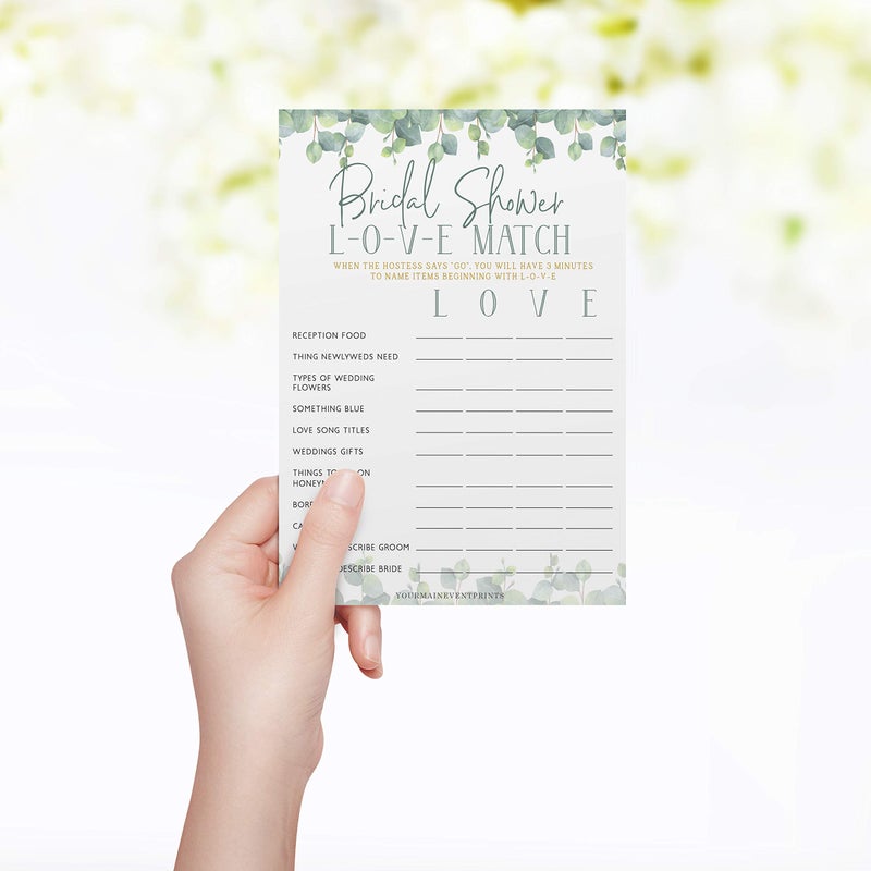 Your Main Event Prints Eucalyptus Bridal Games â€“ Set of 6 Fun Games, 25 Double-Sided Cards Each, Includes He Said She Said, Guest Quest, What's in Your Phone, Over or Under, Bridal Shower Love Match, and Would She Rather? - Image 4