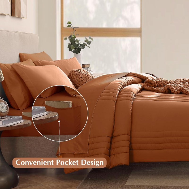 Monbix Oversized Queen Comforter Set - 7 Pieces Burnt Orange Bed in a Bag Queen Bedding Sets with Comforters, All Seasons Down Alternative Comforter Bed Set with Sheets,Pillowcases & Shams - Image 4
