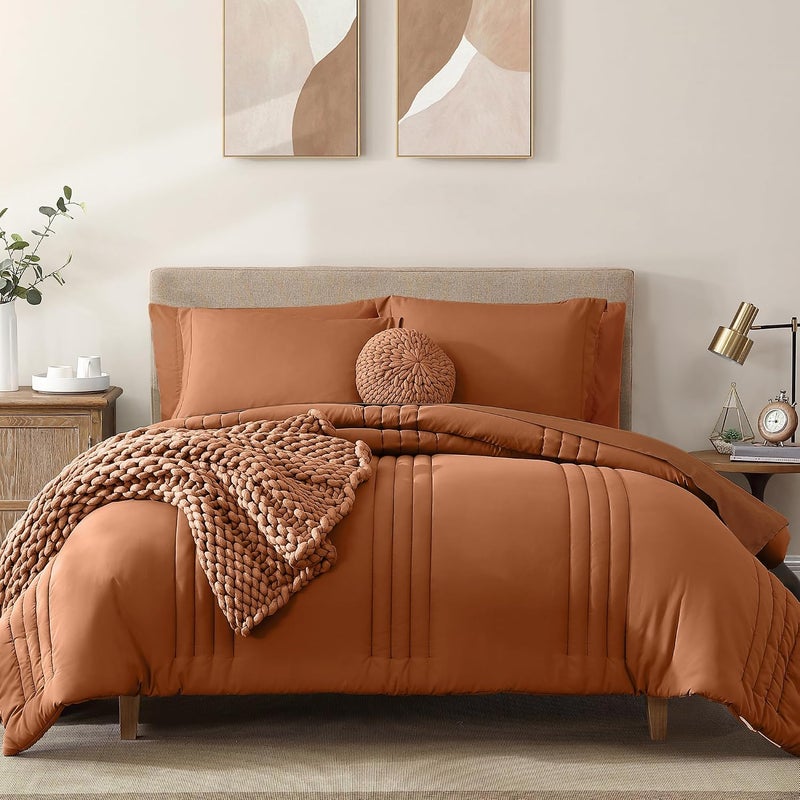 Monbix Oversized Queen Comforter Set - 7 Pieces Burnt Orange Bed in a Bag Queen Bedding Sets with Comforters, All Seasons Down Alternative Comforter Bed Set with Sheets,Pillowcases & Shams - Image 1