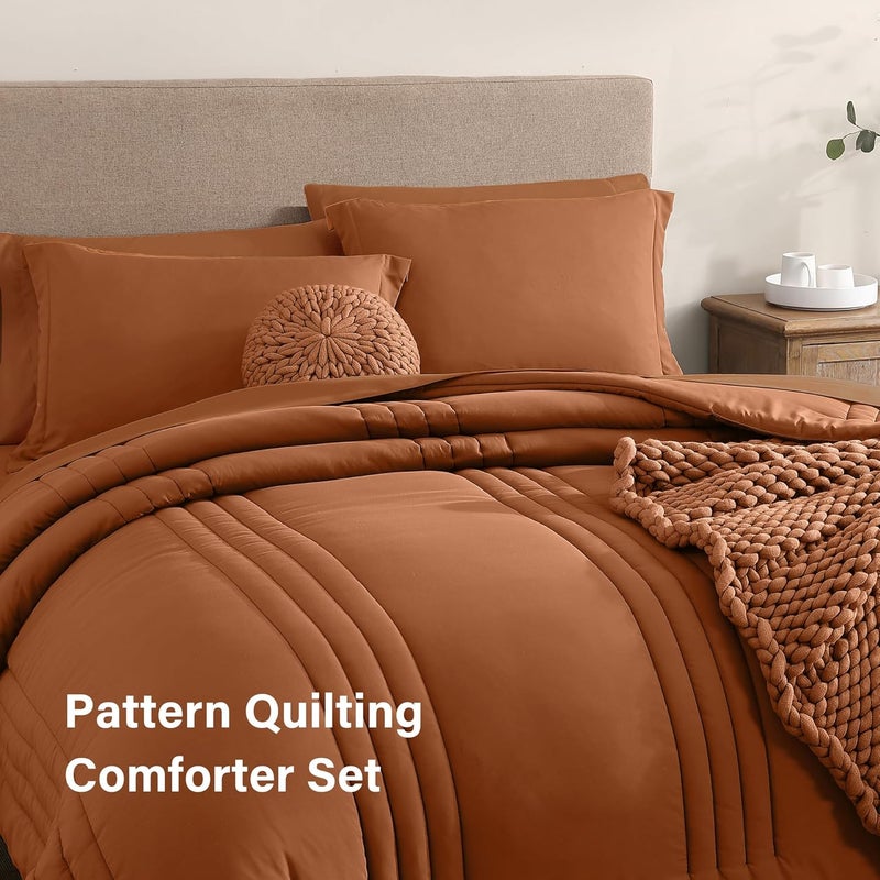 Monbix Oversized Queen Comforter Set - 7 Pieces Burnt Orange Bed in a Bag Queen Bedding Sets with Comforters, All Seasons Down Alternative Comforter Bed Set with Sheets,Pillowcases & Shams - Image 3