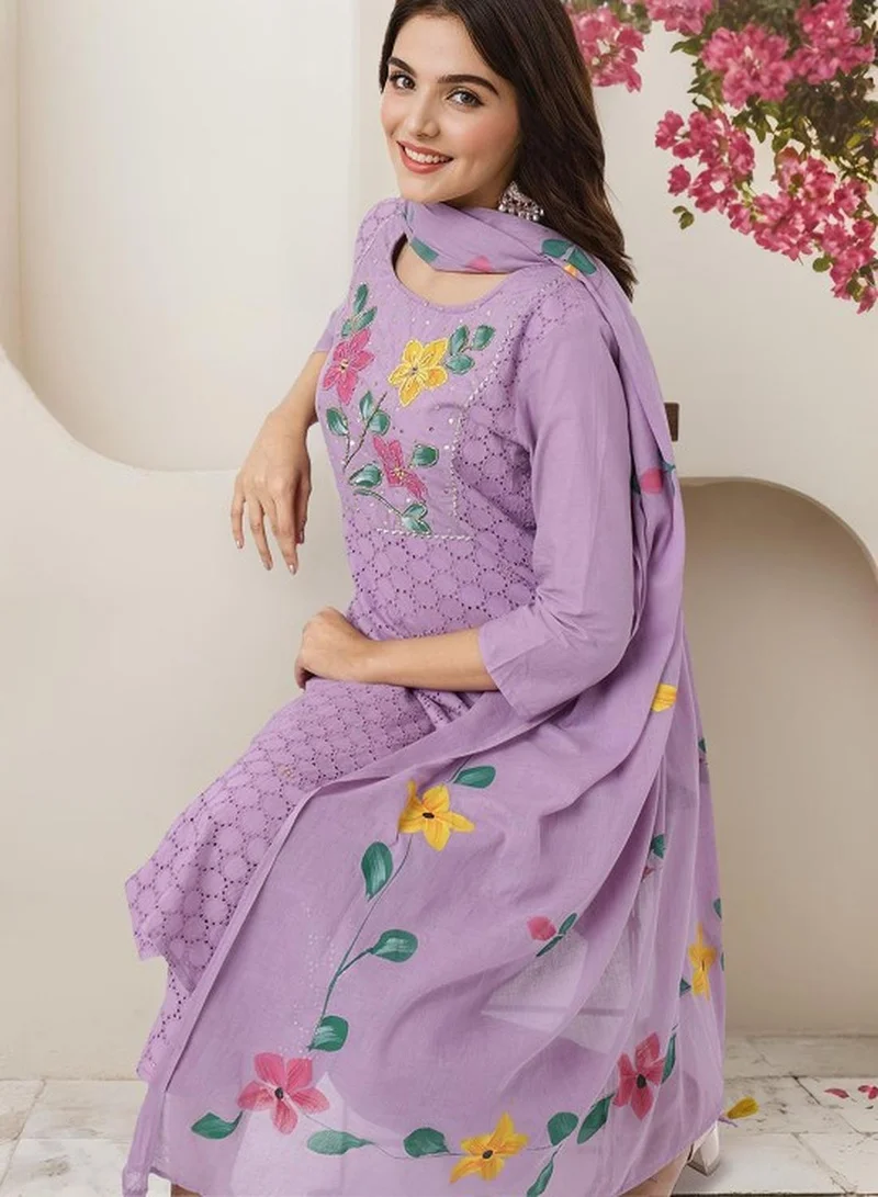 آي شين طقم كورتا نسائي من قطع باللون الليلكي من القطن بتصميم ذاتي مع بنطلون بالازو كامل الطول وقصة عادية