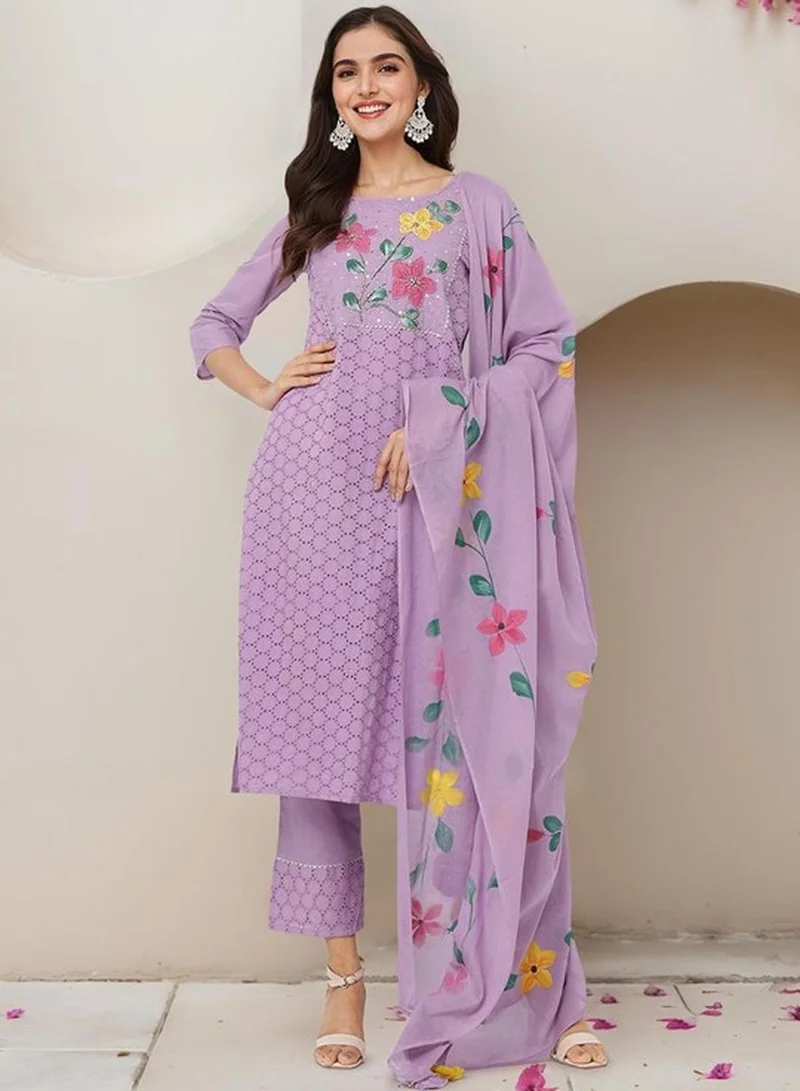 آي شين طقم كورتا نسائي من قطع باللون الليلكي من القطن بتصميم ذاتي مع بنطلون بالازو كامل الطول وقصة عادية