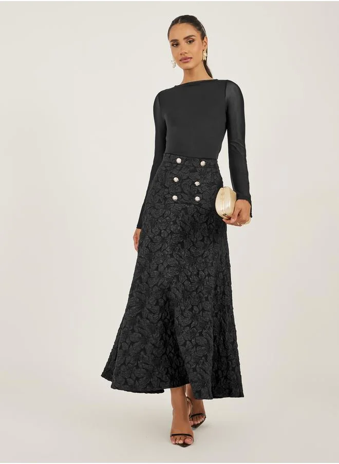 Styli Black Floral Jacquard A-Line Maxi Skirt
