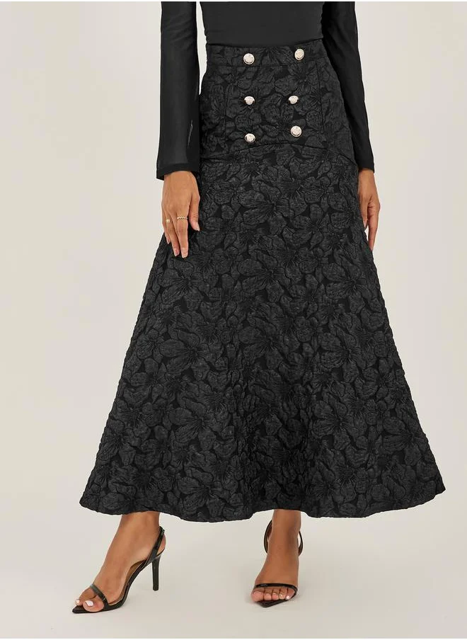 Styli Black Floral Jacquard A-Line Maxi Skirt