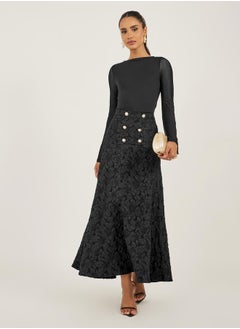Styli Black Floral Jacquard A-Line Maxi Skirt  - Image 1