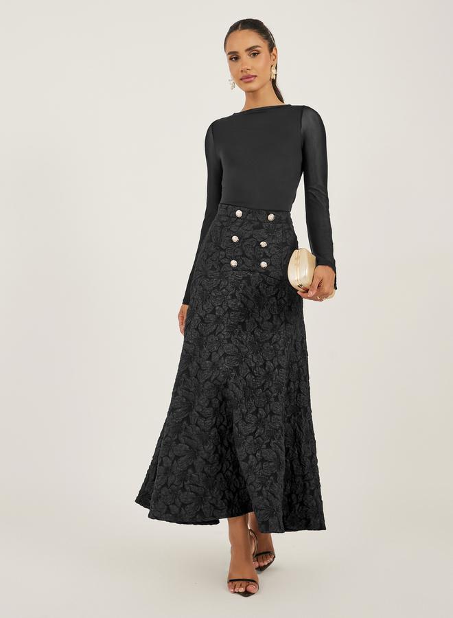 ستايلي تنورة ماكسي - بنقشة الزهور الجاكار باللون الأسود - Image 1