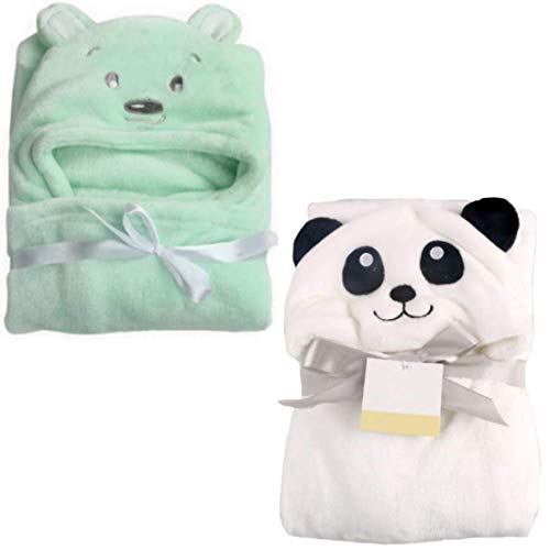 BRANDONN Fleece New Born Baby's Premium Hooded All Season Wrapper Cum Bath Towel Pack of 2 Multi - Image 1