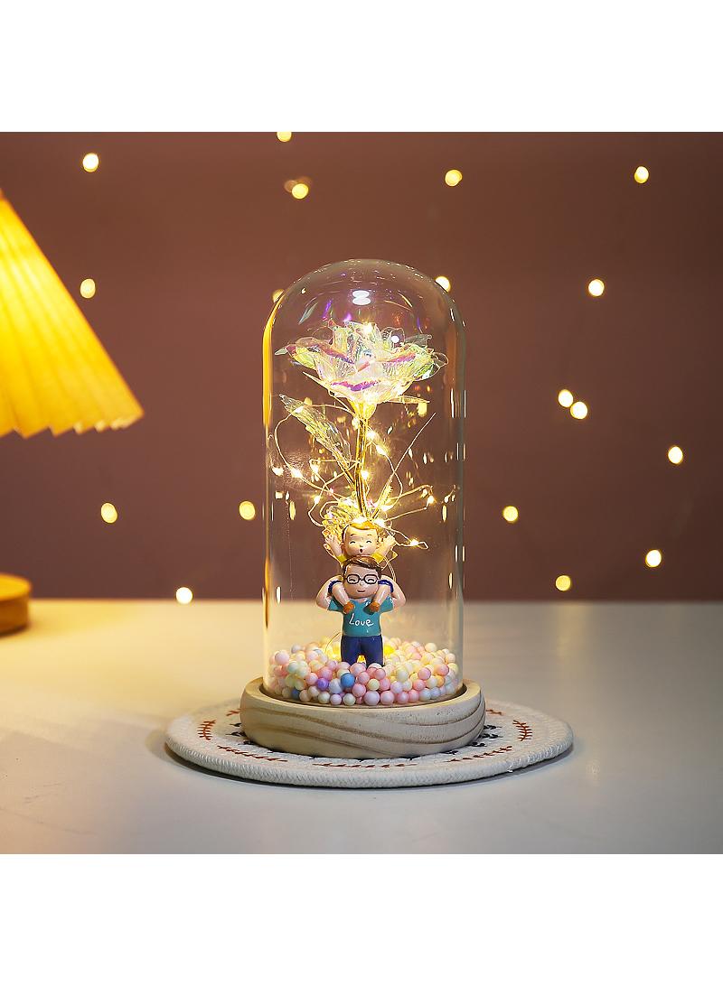 Eternal Flower Glass Cover Colored Gold Rose With Lamp Father's Day Creative Gift Decorative Ornament