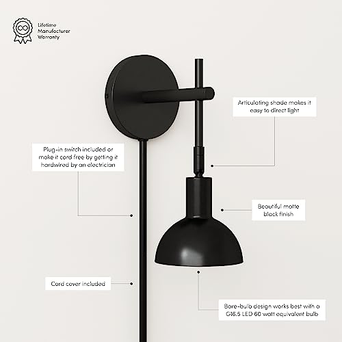 Nathan James Tamlin Wall Light Fixture, Wall Mounted 1-Light Lamp, Plugin Sconce with On/Off Switch for Living Room, Reading Nook or Bedroom, Matte Black - Image 3