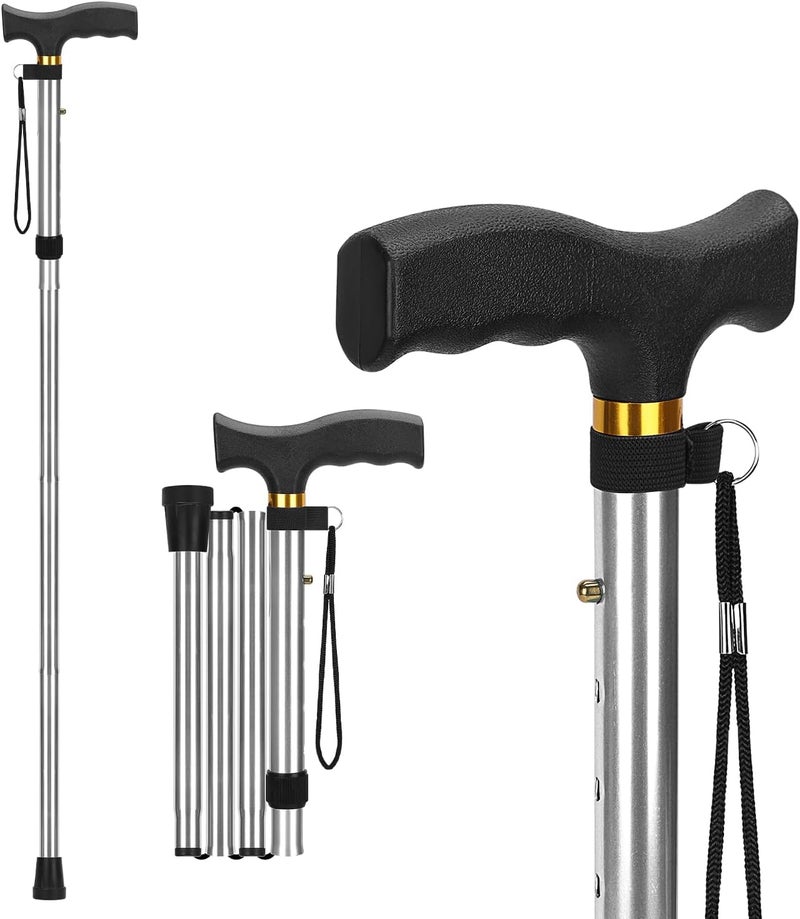 Dr. Care Dr Care 4 Folding Walking Stick for Old Age | Aluminum | Adjustable Height 85–95 cm | Lightweight | Anti Slip | Ergonomic Handle | Rubber Tip | Wrist Strap (Silver) - Image 1