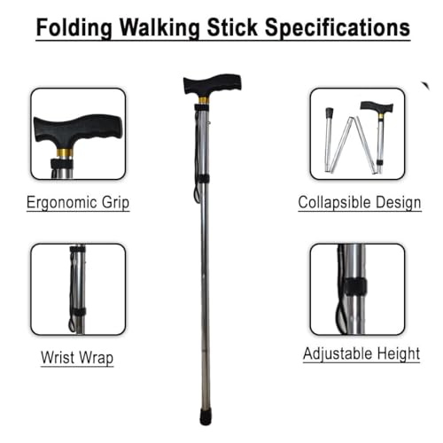 Dr. Care Dr Care 4 Folding Walking Stick for Old Age | Aluminum | Adjustable Height 85–95 cm | Lightweight | Anti Slip | Ergonomic Handle | Rubber Tip | Wrist Strap (Silver) - Image 3