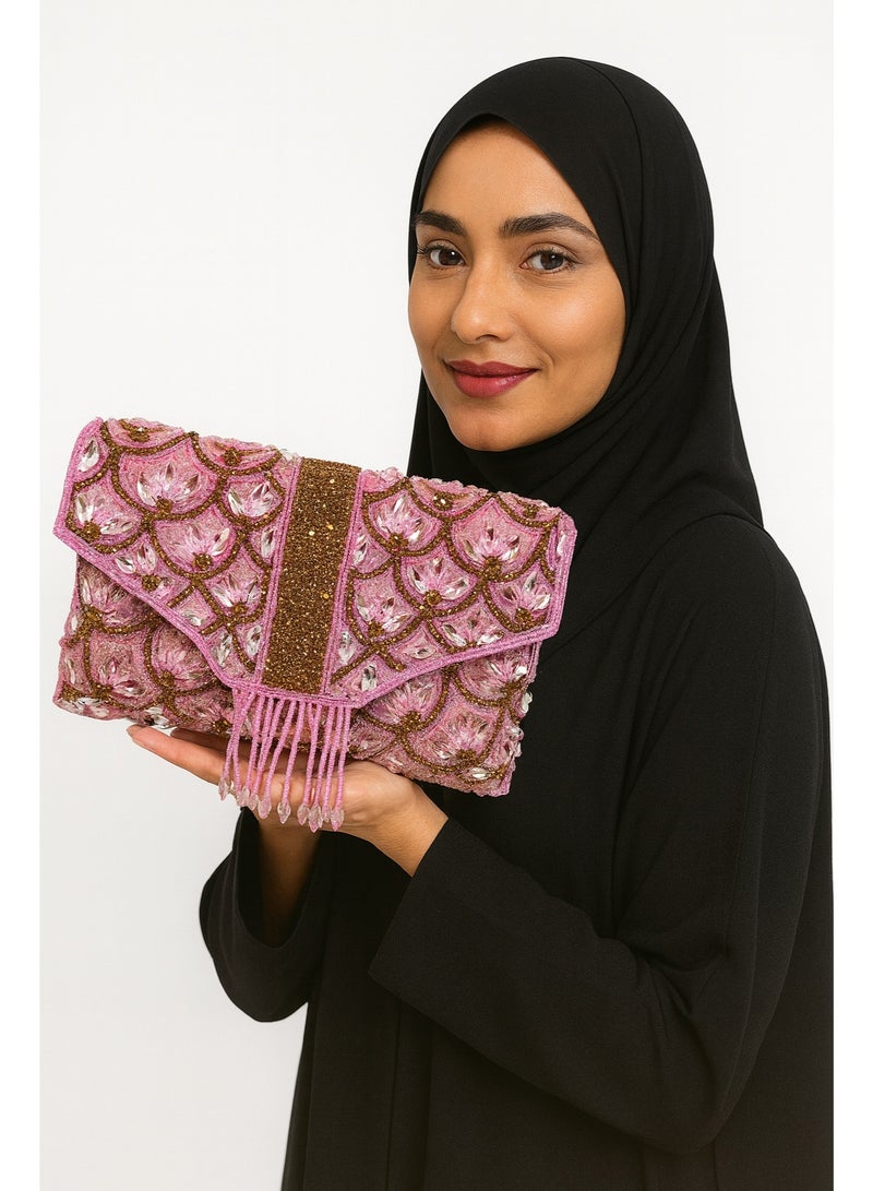 أركاد "Arcad حقيبة كلاتش وردية فاخرة للنساء – مطرزة يدوياً بالخرز والأحجار لحفلات الزفاف والسهرات" - Image 1