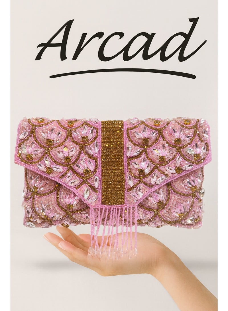 أركاد "Arcad حقيبة كلاتش وردية فاخرة للنساء – مطرزة يدوياً بالخرز والأحجار لحفلات الزفاف والسهرات" - Image 2