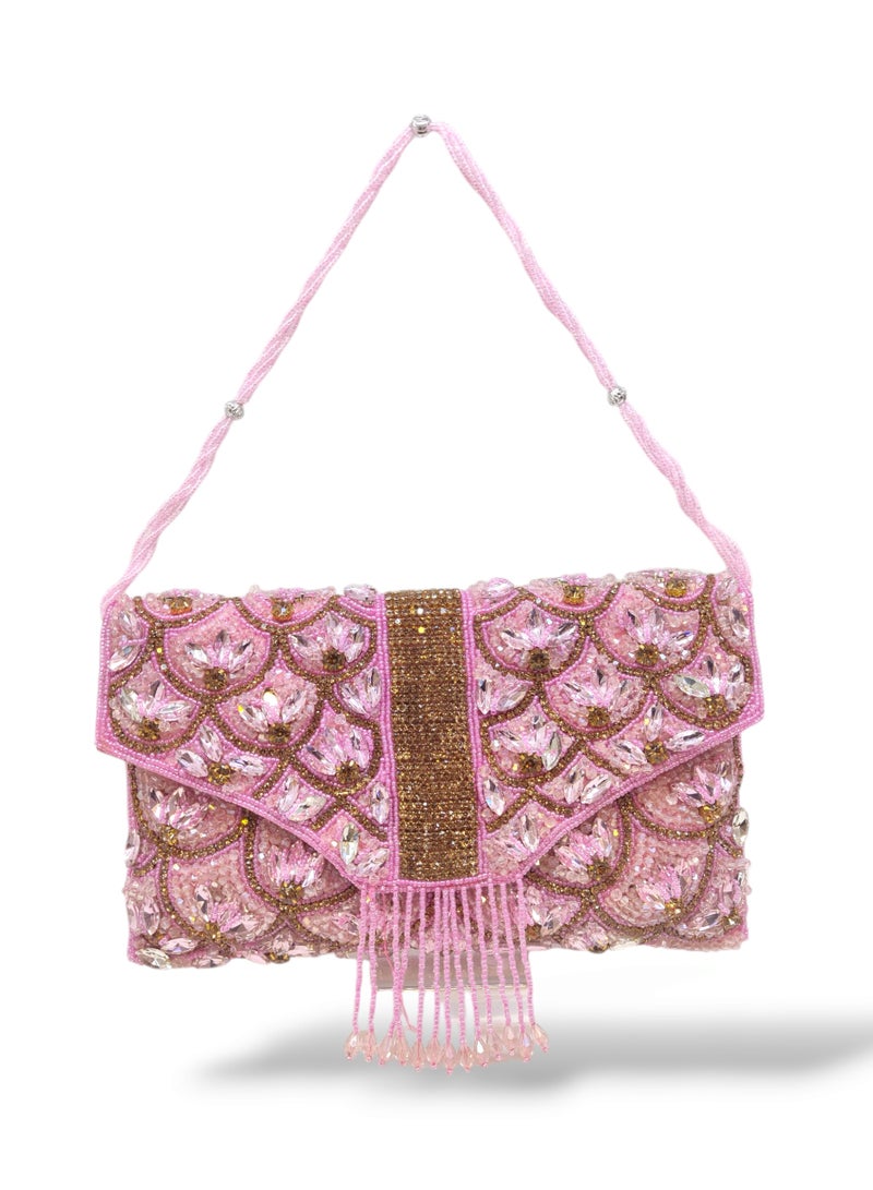 أركاد "Arcad حقيبة كلاتش وردية فاخرة للنساء – مطرزة يدوياً بالخرز والأحجار لحفلات الزفاف والسهرات" - Image 3