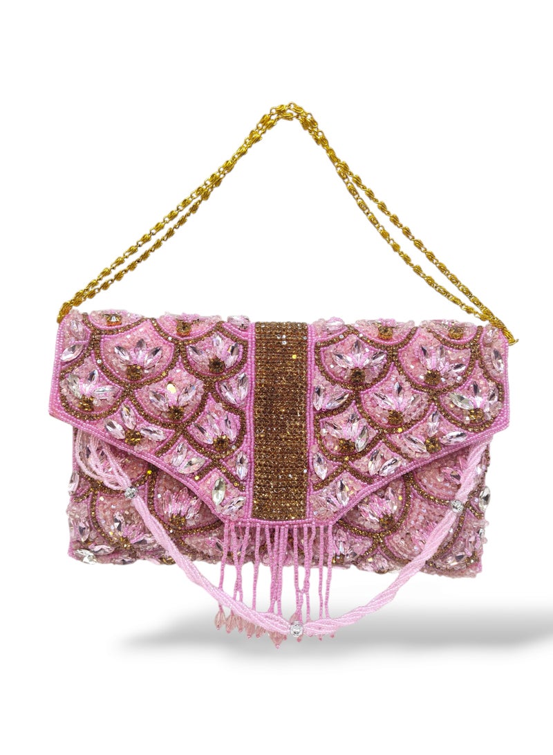 أركاد "Arcad حقيبة كلاتش وردية فاخرة للنساء – مطرزة يدوياً بالخرز والأحجار لحفلات الزفاف والسهرات" - Image 4