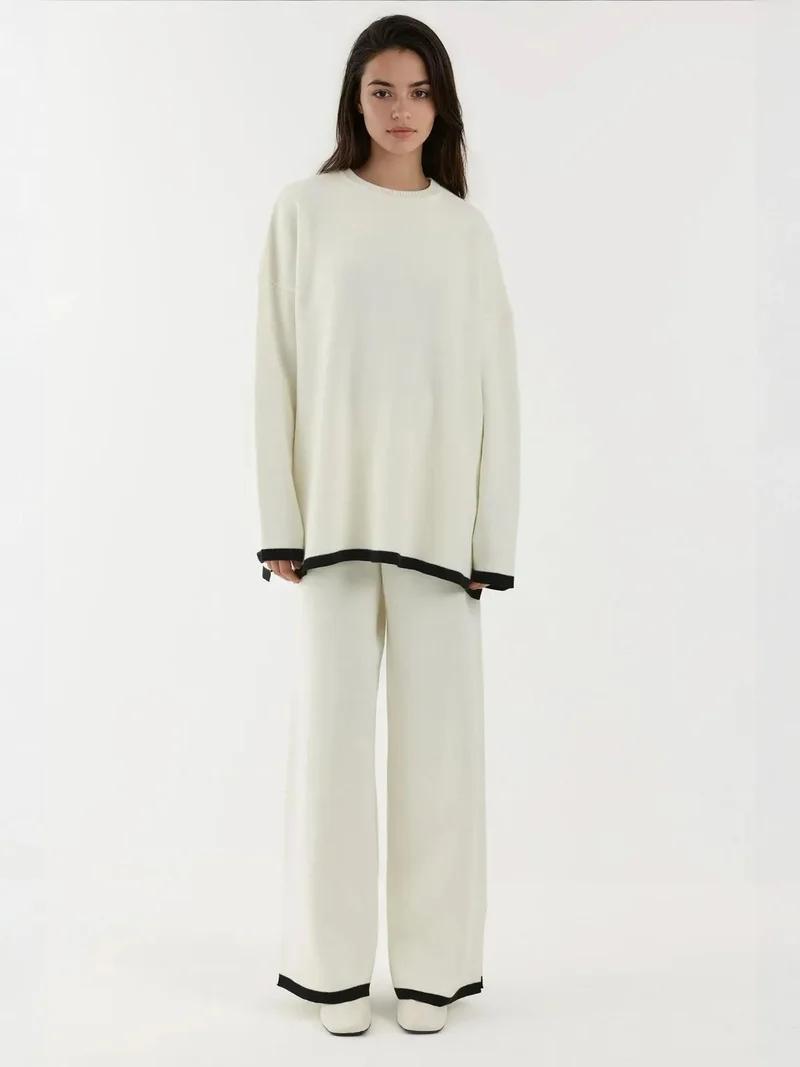 HICCUP White Sweater & Wide Leg Pants Knit Co-ords Set for Women | Best Price UAE