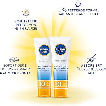 Nivea كريم واقي الشمس نيفيا صن يو في للوجه مع حماية مات SPF 30 50 مل كريم شمس غير دهني للوجه لوشن شمس فعال فوري بقوام خفيف - Image 2